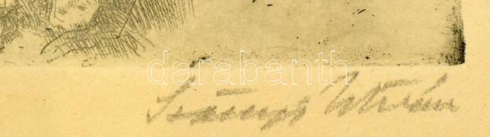 Szőnyi István (1894-1960): Duna mellett. Rézkarc, papír, jelzett, üvegezett fakeretben, 24×23 cm