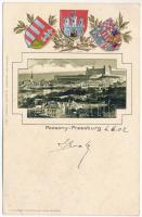 1902 Pozsony, Pressburg, Bratislava; Szecessziós dombornyomott litho címerekkel. Holderer Gusztáv No. 2. / Art Nouveau, embossed litho with coats of arms (EK)