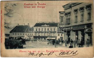 1900 Eszék, Essegg, Osijek; Glavni trg, gor. grad, Caffee Corso, Brüder Eckl, Michael Rajal / Hauptplatz, Oberstadt / Felsővárosi Fő tér, kávéház, üzletek / main square, cafe, shops (EK)