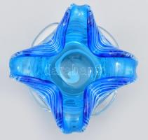 Murano türkizkék kínáló, fehér üvegfonál díszítéssel, jelzés nélkül, hibátlan, m: 7 cm