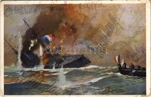 1917 Sinken des von den Dardanellenforts beschossenen französischen Panzerkreuzers "Bouvet". K.u.K. Kriegsmarine / WWI Austro-Hungarian Navy art postcard, Battle of Gallipolli, sinking French armored cruiser "Bouvet". Offizielle postkarte des Österreichischen Flottenvereines zu Gunsten des Kriegsfürsorgeamtes, des Kriegshilfsbüro und des Roten Kreuzes s: Harry Heusser (EK)