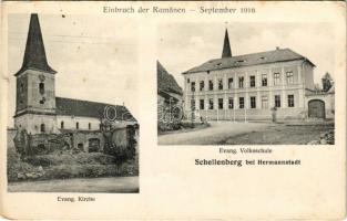 1917 Sellenberk, Sejhabér, Schellenberg, Selimbar (Nagyszeben, Hermannstadt, Sibiu); Szétlőtt evangélikus templom és iskola a román csapatok betörése után / Einbruch der Rumänen September 1916. Evang. Kirche, Evang. Volksschule / WWI Lutheran church and school after the Romanian invasion. Kunstanstalt Jos. Drotleff Nr. 64. Phot. G. Egel (fl)