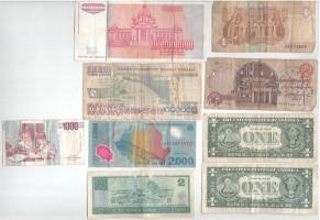 9db vegyes külföldi bankjegy, közte amerikai, román, egyiptomi bankjegyek T:F,VG
9pcs of mixed bank...