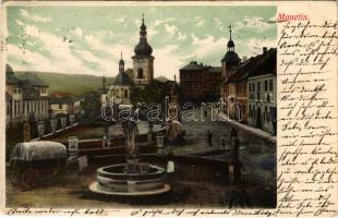 1904 Manetin, street view, church, fountain (EK)