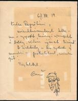 ifj Kunt Ernő (1948-1994) Linómetszet. Jelzett, 19x13 cm, másik oldalon autográf sorokkal és rajzzal