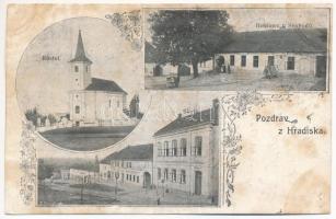 Hradisko (Kromeríz), Kostel, Hostinec u Svobodu, Skola / church, inn, school. Art Nouveau, floral (cut)