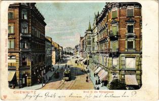 1905 Chemnitz, Blick in die Königstrasse, Damenconfection, Gardinen / street view, tram, shops. Dr. Trenkler Co. (fl)
