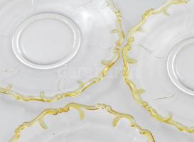 6 darabos üvegtál szett, sárgán színezett peremmel, jelzés nélkül, kis kopással, d: 16 cm