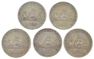 Olaszország 1959R 500L Ag Kolumbusz hajói (5x) T:VF,F patina  Italy 1959R 500 Lire Ag Columbus ships (5x) C:VF,F patina Krause KM#98