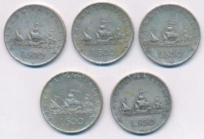 Olaszország 1959R 500L Ag &quot;Kolumbusz hajói&quot; (5x) T:VF,F patina  Italy 1959R 500 Lire Ag &quot;Columbus&#039; ships&quot; (5x) C:VF,F patina Krause KM#98