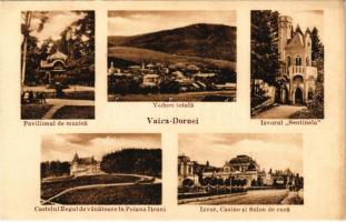 Vatra Dornei, Dornavátra, Bad Dorna-Watra (Bukovina, Bukowina); Pavilonul de muzica, Vedere totala, Izvorul Sentinela, Castelul Regal de vanatoare in Poiana Itcani, Izvor, Casino si Salon de cura / spa, music pavilion, spring sources, castle, casino, baths (EK)
