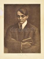 Czigány Dezső (1883-1937) festménye után: Ady Endre portréja. Fénynyomat, papír, jelzett a nyomaton: Pinx. Czigány 1908. Bp., Athenaeum Rt. nyomása. A lap széle sérült, foltos, 31x23,5 cm. (Ritka!)