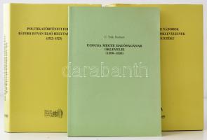 3 db történelmi forráskiadvány: Az Árpád-kori nádorok és helyetteseik okleveleinek kritikai jegyzéke. Szerk.: Szőcs Tibor. Bp., 2012, MOL; C. Tóth Norbert: Politikatörténeti források Bátori István első helytartóságához (1522-1523). Bp., 2010, MOL; C. Tóth Norbert: Ugocsa megye hatóságának oklevelei (1290-1526). Bp., 2006, MTA - MOL Zsigmondkori Oklevéltár Kutatócsoportja. Vászon- ill. papírkötésben, papír védőborítóval, jó állapotban.