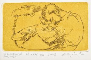 Ligeti Miklós (1982-), 2 db mű: A rövidlátó rajzoló, 2003. Rézkarc, papír, jelzett, művészpédány EA. 6,5x11 cm + Ex libris. Rézkarc, akvatinta, papír, jelzett, művészpédány EA. 8x7 cm. paszpartuban