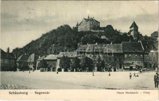 1917 Segesvár, Schässburg, Sighisoara; Obere Marktseite / Fő tér, F. Lingner üzlete. W. Nagy kiadása / main square, shops (szakadás / tear)