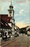 Brassó, Kronstadt, Brasov; Római katolikus templom, Orehowski üzlete. H. Zeidner kiadása / Catholic church, street view, shops (kopott sarkak / worn corners)