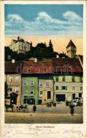 1936 Segesvár, Schässburg, Sighisoara; Obere Marktzeile / Felső piactér, F. Lingner, J. Sill üzlete. V. Kotsch & Co. kiadása / market square, shops (kopott sarkak / worn corners)