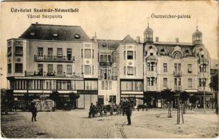 1915 Szatmárnémeti, Szatmár, Satu Mare; Városi bérpalota, Ösztreicher palota, üzletek. Weisz Zoltán kiadása / palaces, shops (fa)