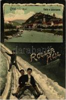 1910 Graz, Partie mit Schlossberg. Rodler Heil / castle hill. Winter greeting montage with sledding people, sport
