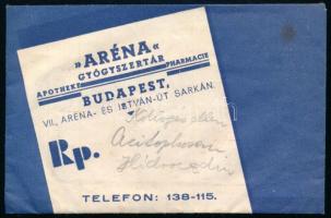 "Aréna" Gyógyszertár Budapest receptboríték, benne recept