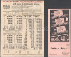 cca 1930-1940 Török A. és Társa Bankház Rt. osztálysorsjáték reklámlap, szerencseszámokkal + 2 db további osztálysorsjáték reklám