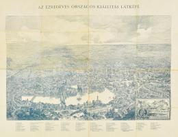 1896 Budapest tervrajza, hátoldalon az Ezredéves Országos Kiállítás Látképével, kis szakadásokkal, 48×60 cm