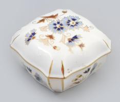 Zsolnay búzavirágmintás porcelán bonbonier, kézzel festett, jelzett, hibátlan, 10,5x10,5 cm
