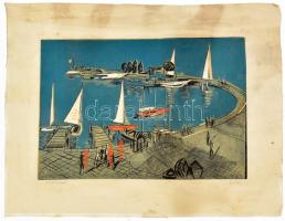 Litkei József (1922-1988): Vitorlások (Balatoni kikötő). Színes linómetszet, papír, jelzett 26,5x39 ...