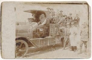 1915 Arad, teherautós út Temesvár felé, urak és katona / truck trip to Timisoara, gentlemen and K.u.k. soldier. photo (b)