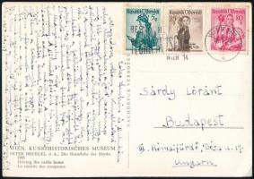 1958 Bécs, Sárdy Brutus (1892-1970) festőművész, A Magyar Nemzeti Galéria (MNG) főrestaurátorának levele fiához, Sárdy Lóránt (1931-2014) festőművész, restaurátorhoz és feleségéhez, Kézdi-Kovács Lenkéhez, Kézdi-Kovács László (1864-1942) festőművész, műkritikus lányához, amelyben beszámol egy nevesített (nehezen olvasható) osztrák személynél tett látogatásáról, aki egy kisméretű Mednyánszky művet mutatott neki és az MNG-nek egy Böhm Pál festményt kínált fel vételre. Egyéb érdekes részlettel. Képeslapon, Sárdy Brutus autográf aláírásával ("Apátok").