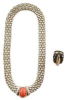 Vastag fém nyaklánc, mágneses kapoccsal + gyöngyházberakásos gyűrű