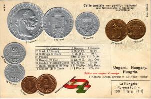 Magyar pénzérmék, ezüst és arany díszített dombornyomott / Ungarn / Hungarian flag and set of coins with crone. H.S.M. golden and silver Emb. litho (lyukak / pinholes)