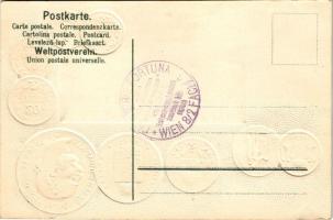 Magyar pénzérmék, ezüst és arany díszített dombornyomott / Ungarn / Hungarian flag and set of coins ...