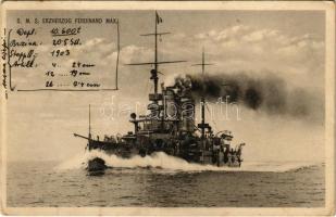 1912 K.u.K. Kriegsmarine / SMS Erzherzog Ferdinand Max az Osztrák-Magyar Haditengerészet Erzherzog-osztályú pre-dreadnought csatahajója. Hátoldalon litho zászló / WWI Austro-Hungarian Navy, Erzherzog-class pre-dreadnought battleship. Litho flag on the backside, Phot. Alois Beer, F.W. Schrinner (fa)