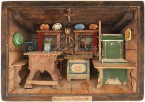 cca 1900 Dioráma. Gruss aus Innsbruck. Alpesi enteriört ábrázoló faragott fa. 19x13 cm