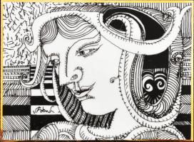 Hollóházi Szász Endre által tervezett porcelán kép, 11,5x8,5 cm, fakeretben, 28x25 cm