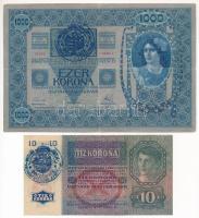 1902. 1000K piros "DEUTSCHÖSTERREICH" és kék román városi felülbélyegzésekkel + 1915. 10K ...