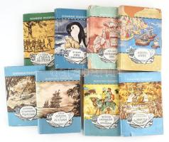Világjárók Klasszikus Útleírások 8 kötete (I., III., IV.,V., VI, VII, XIII., XIV.):   Garcilaso de la Vega, az Inka: Inkák és konkisztádorok.;  S. W. Baker: A Nílus rejtélye.;  Alfred Brehm: Az Egyenlítőtől az Északi-fokig.; R. F. Scott: A Déli-sarkvidéken.;  Mark Twain: Utazás az Egyenlítő körül.;  Ibn Battúta zarándokútja és vándorlásai.;  J.Cook: Utazások a világ körül. Első utazás.; Marco Polo utazásai.;   Bp., 1963-1974., Gondolat. Kiadói félvászon-kötés, kiadói papír védőborítókban, részben szakadt papírborítókkal, két papírborító hiányos.