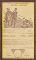1922 Földereklye adományozási emléklap. "Mi alulirottak az Országos Menekültügyi Hivatal nevében hitelesen tanusitjuk, hogy ezen ... számu ... bullába foglalt parányi rög egész Magyarország minden vármegyéjének földjéből egyesit néhány porszemet" Üvegezett keretben, 46x28 cm