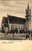 Beszterce, Bistritz, Bistrita; Ev. Kirche am Marktplatz / Evangélikus templom a piac téren. kiadása. C.W. Schell / Lutheran church