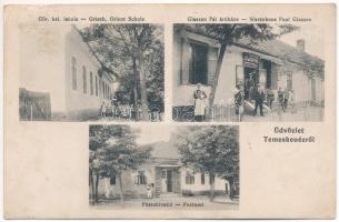 1914 Temeskenéz, Kenéz, Chinez, Satchinez; Görögkeleti iskola, postahivatal, Glaszen Pál üzlete / Greek Orthodox school, post office, shop