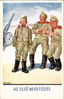 Az első beöltözés / Hungarian military art postcard, humour s: Bernáth