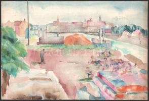 Johan Hugó (1891-1956): Strandolók (Dunapart Budapestnél?). Akvarell, ceruza, papír, jelzett. Proveniencia: Johan Hugó hagyatéka. 21x31 cm. / watercolour and pencil on paper, signed. Provenance: from the estate of the artist.