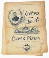 cca 1890 Lövész induló kotta, a litografált címlapon a (mai Marcibányi téri) Polgári Lövölde épületével szakadásokkal