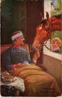Kriegskameraden / Hadipajtások / WWI Austro-Hungarian K.u.K. military art postcard, injured soldier with his horse. B.K.W.I. 930-10. (kopott sarkak / worn corners)