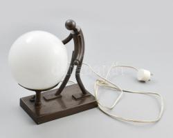 Art deco stílusú asztali lámpa, bronzlemez, üveg, 20x11x27 cm