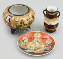 3 japán porcelán tárgy, tálka, bonbonier, váza, jelzéssel, kopással