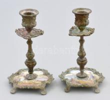 Antik bronz gyertyatartó pár, porcelán kép berakással, sérült, m: 17 cm