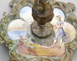 Antik bronz gyertyatartó pár, porcelán kép berakással, sérült, m: 17 cm