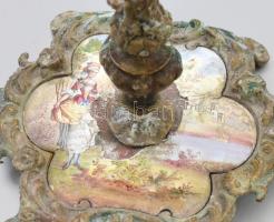 Antik bronz gyertyatartó pár, porcelán kép berakással, sérült, m: 17 cm